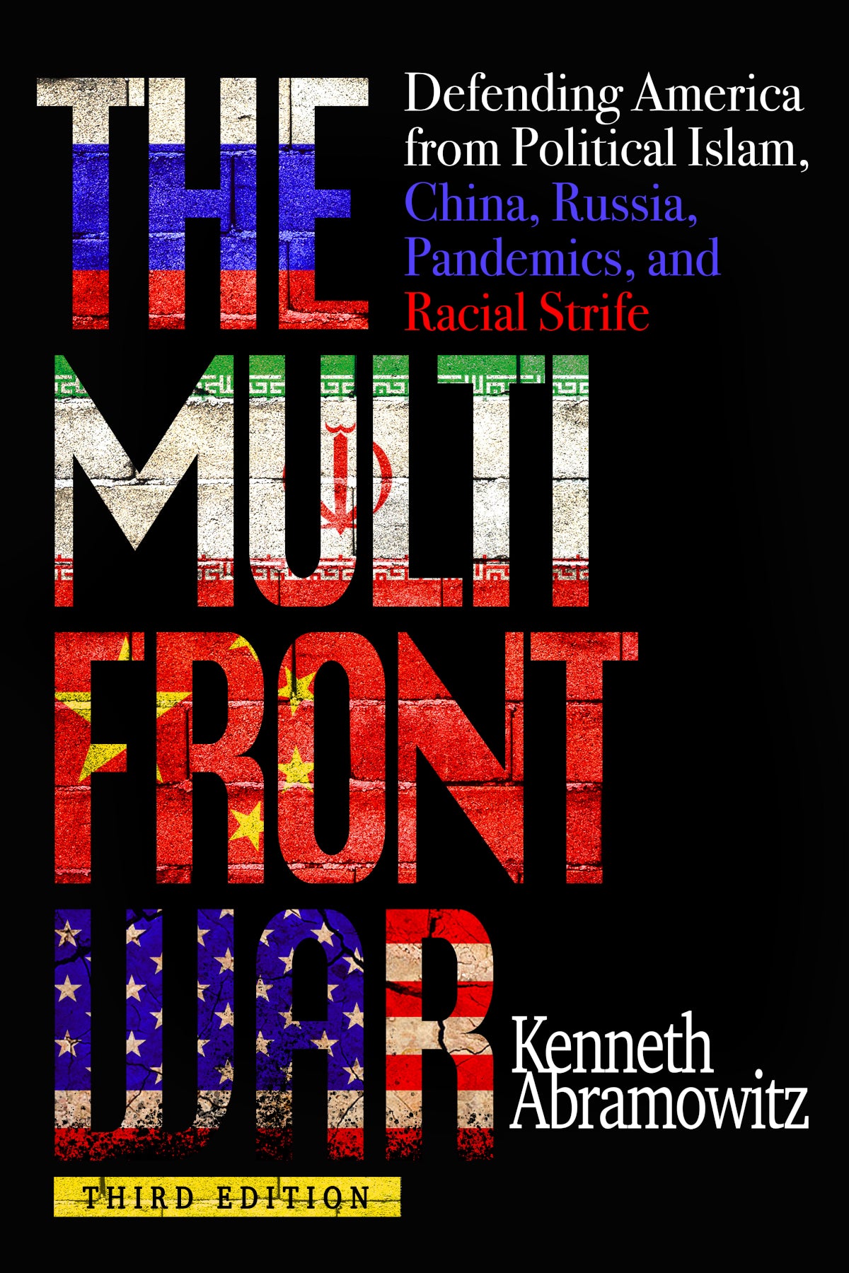The Multifront War cover, with words of title and subtitle over flags of Russia, Iran, China, and the US